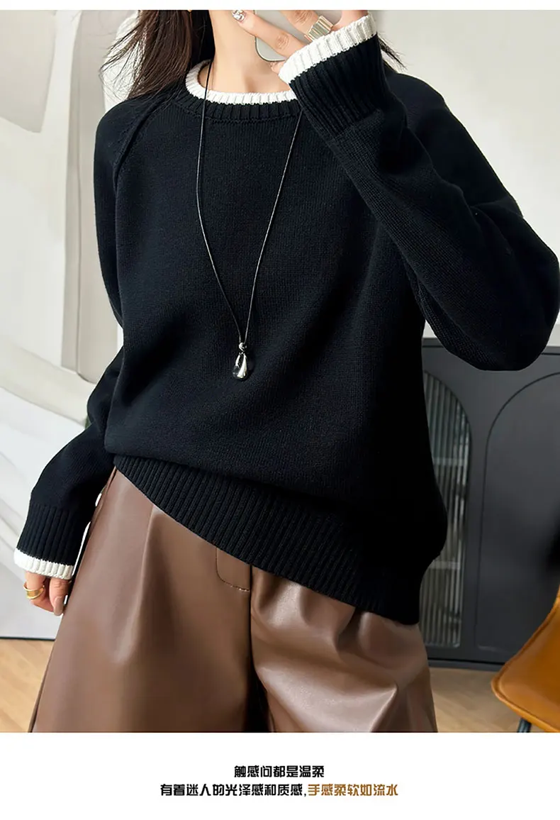 YTFidio 100% Cotton Women O-neck Thick collar with white border Pullover Sweater Luxury Designer Clothing Plus Size 397