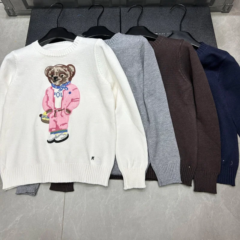 New Pink Cartoon Bear Knitted Sweater Women Fashion Embroidery Autumn O-neck Long Sleeve Casual Pullover Top Preppy Student
