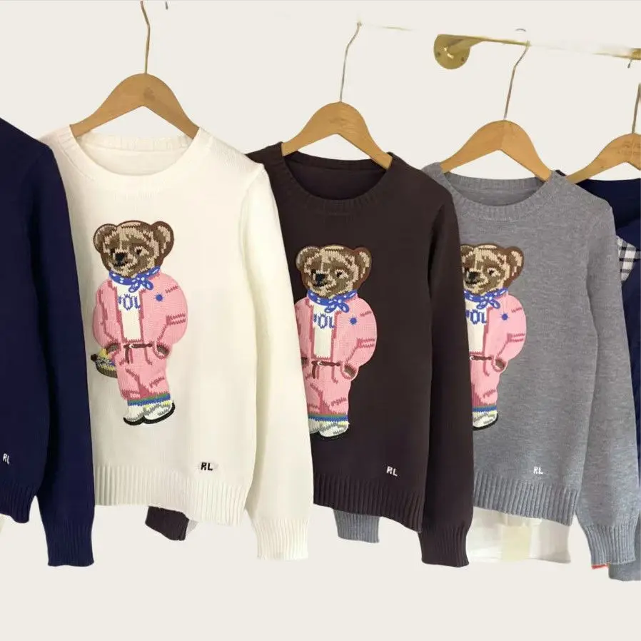 New Pink Cartoon Bear Knitted Sweater Women Fashion Embroidery Autumn O-neck Long Sleeve Casual Pullover Top Preppy Student