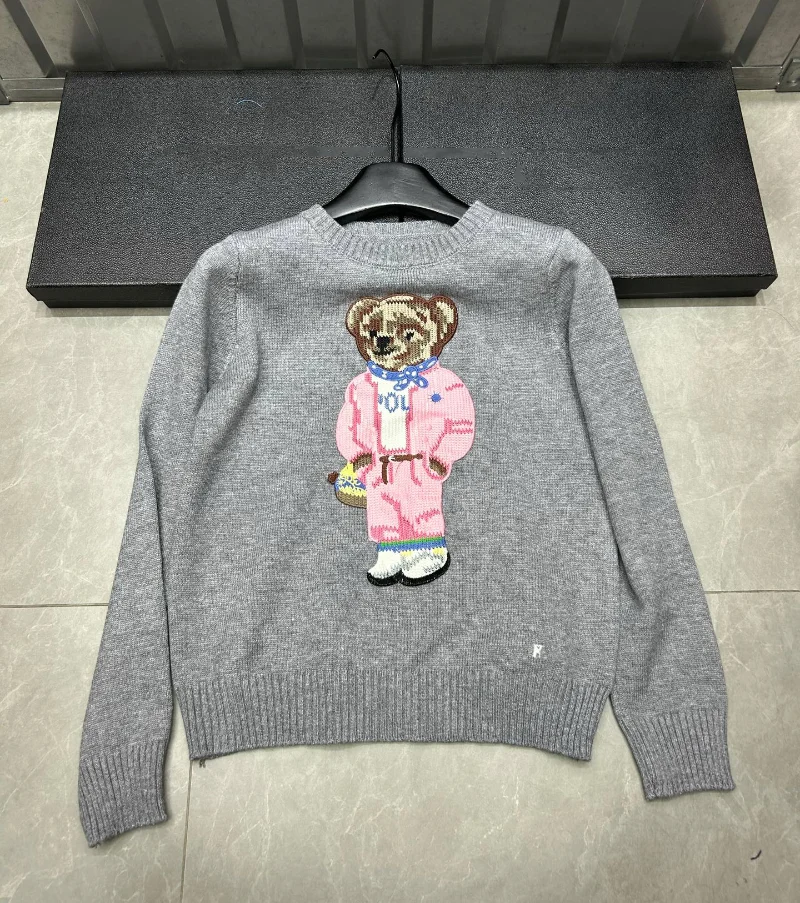 New Pink Cartoon Bear Knitted Sweater Women Fashion Embroidery Autumn O-neck Long Sleeve Casual Pullover Top Preppy Student