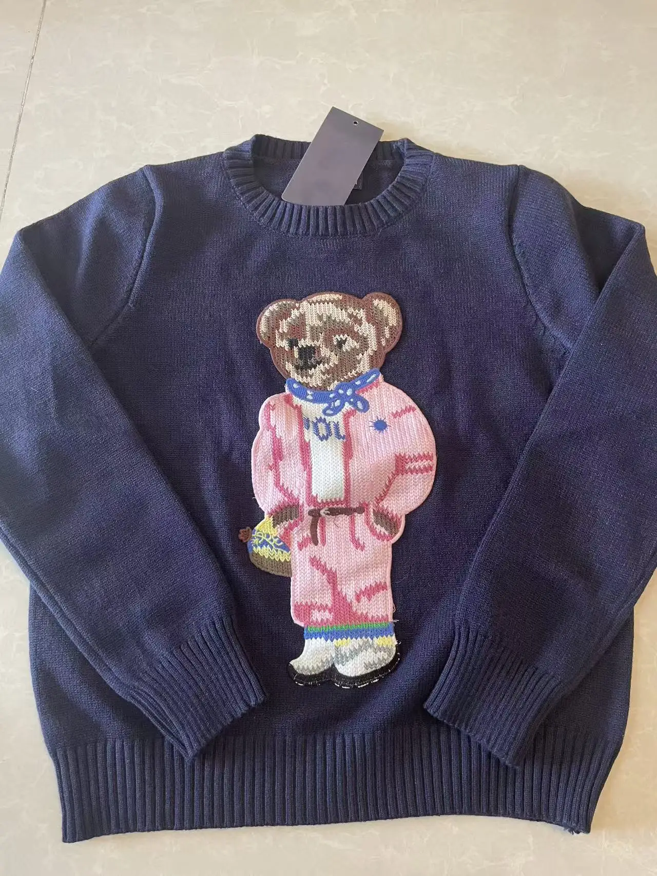 New Pink Cartoon Bear Knitted Sweater Women Fashion Embroidery Autumn O-neck Long Sleeve Casual Pullover Top Preppy Student