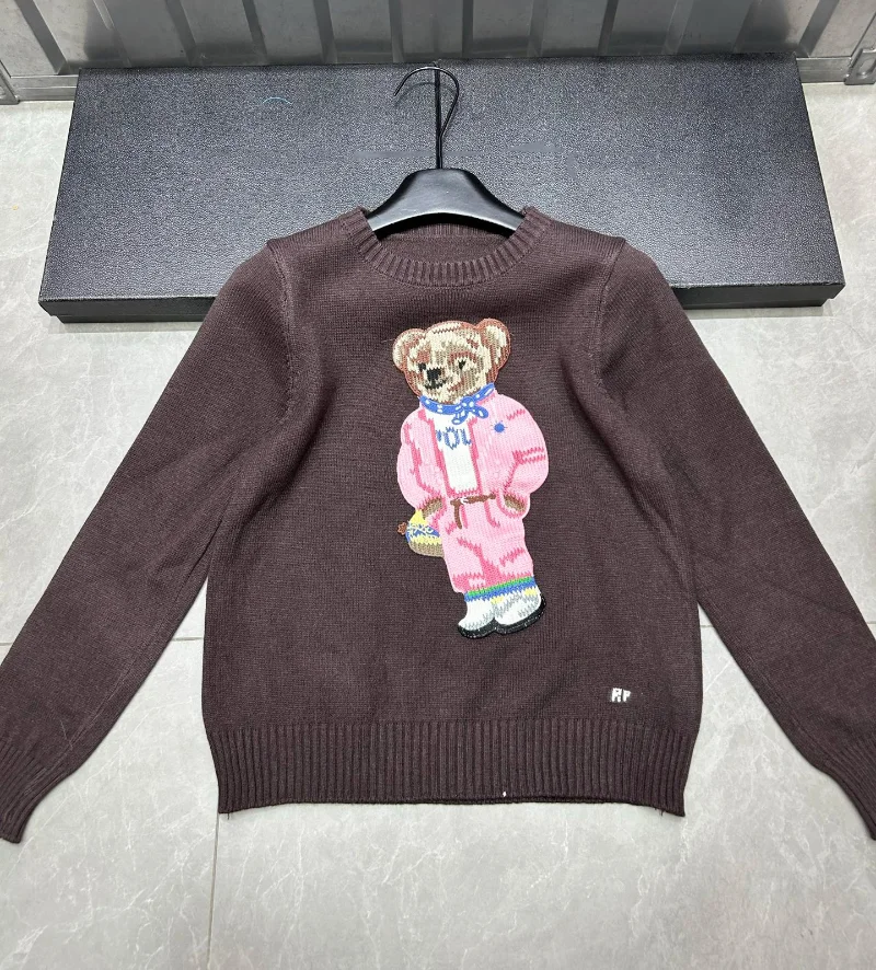 New Pink Cartoon Bear Knitted Sweater Women Fashion Embroidery Autumn O-neck Long Sleeve Casual Pullover Top Preppy Student