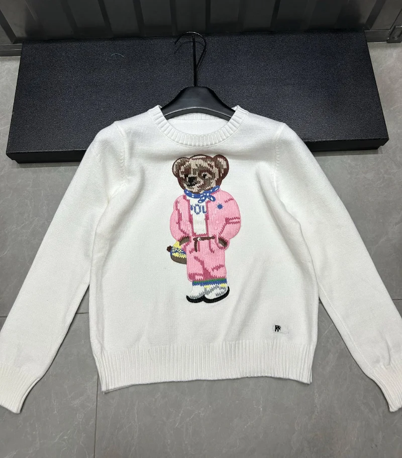 New Pink Cartoon Bear Knitted Sweater Women Fashion Embroidery Autumn O-neck Long Sleeve Casual Pullover Top Preppy Student