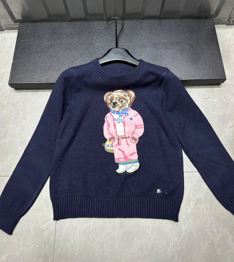 New Pink Cartoon Bear Knitted Sweater Women Fashion Embroidery Autumn O-neck Long Sleeve Casual Pullover Top Preppy Student