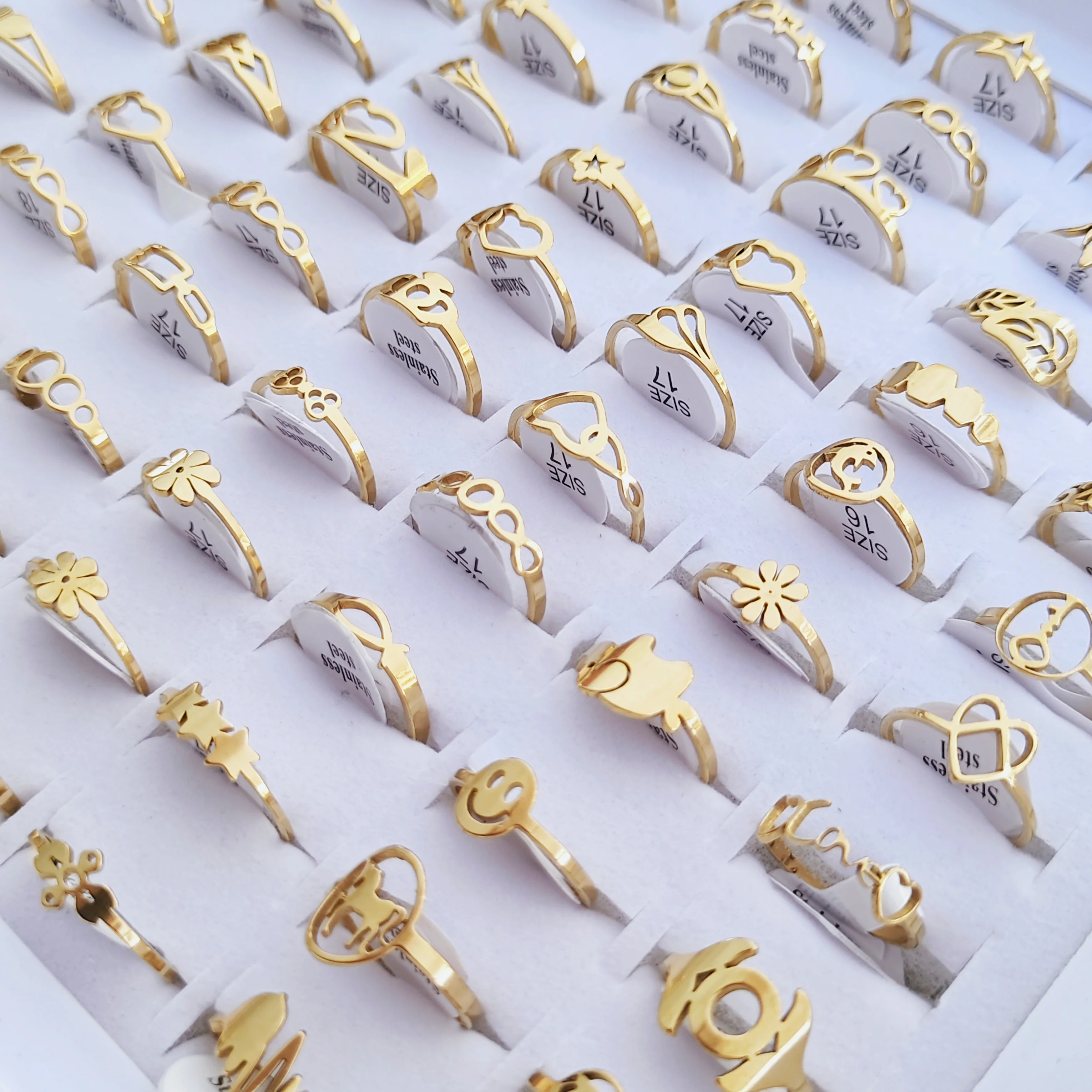100 Pieces Stainless Steel Engraved Rings for Men and Women Fashion Charm Jewelry Gift Hollow Flower Finger Rings Wholesale Lots