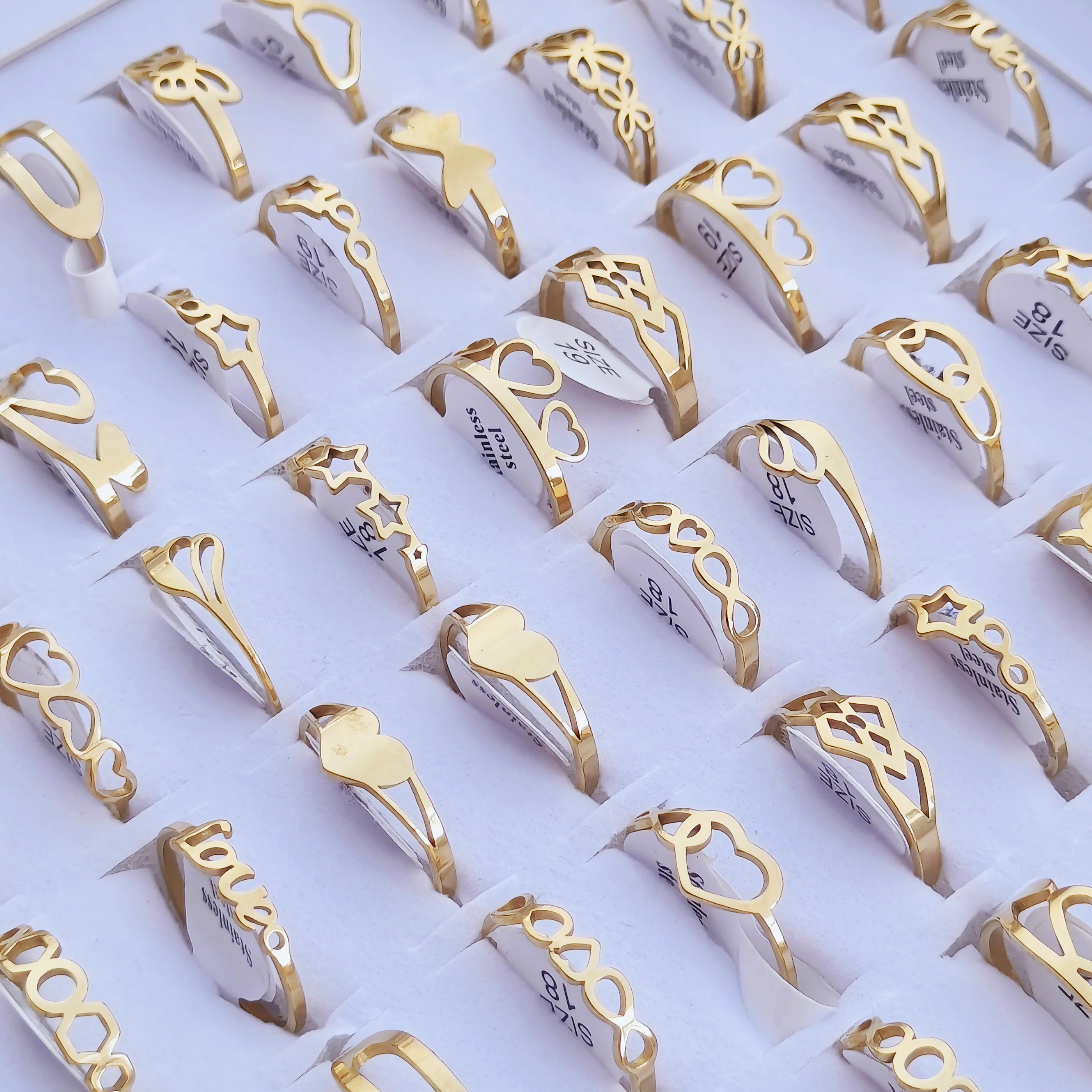 100 Pieces Stainless Steel Engraved Rings for Men and Women Fashion Charm Jewelry Gift Hollow Flower Finger Rings Wholesale Lots