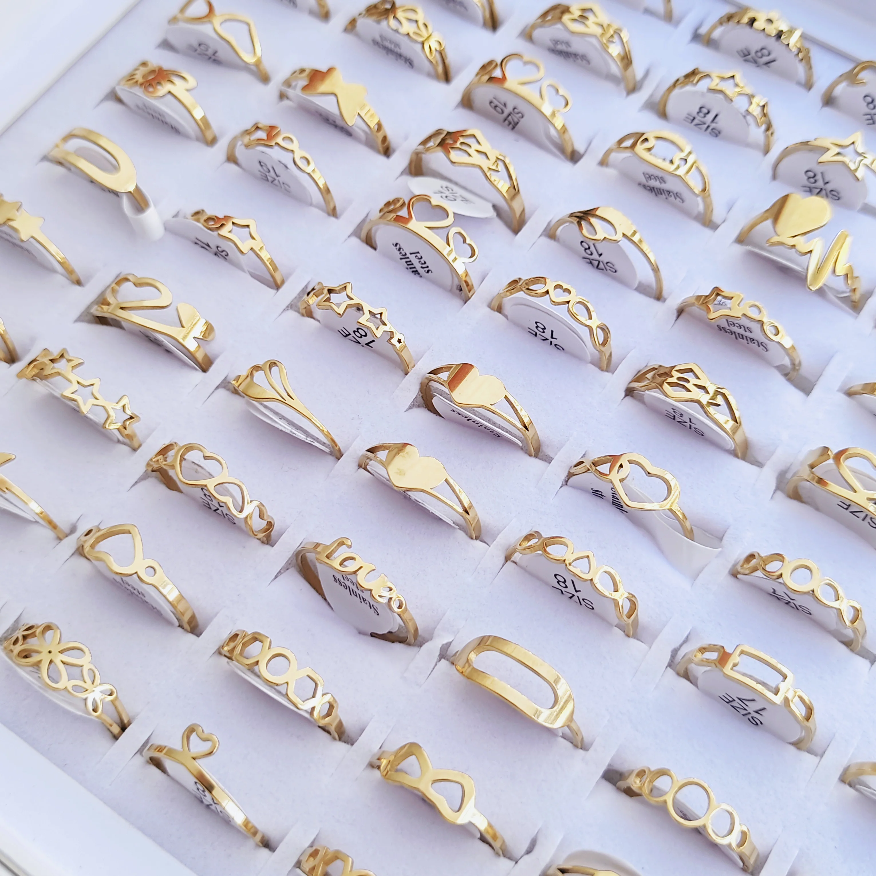 100 Pieces Stainless Steel Engraved Rings for Men and Women Fashion Charm Jewelry Gift Hollow Flower Finger Rings Wholesale Lots