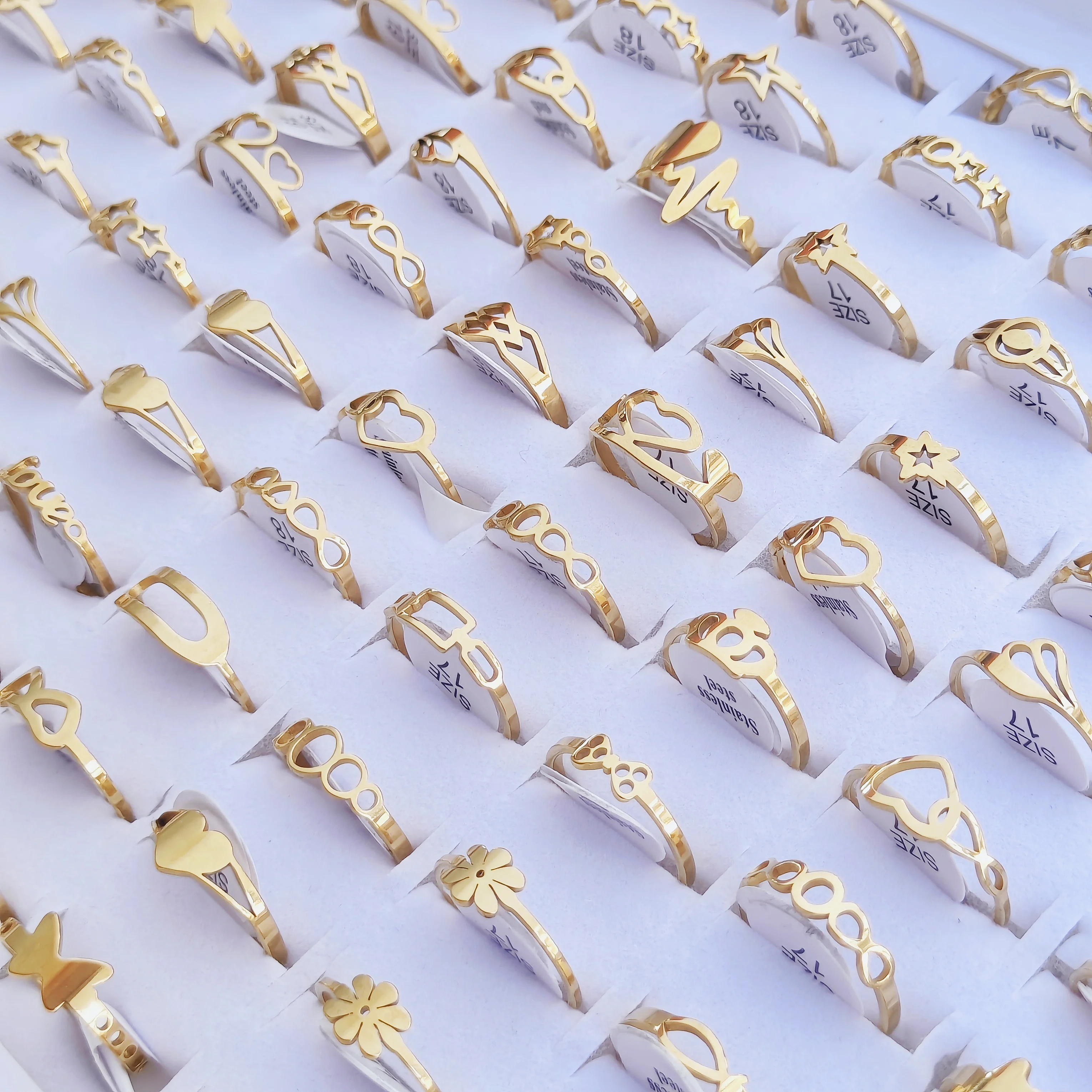 100 Pieces Stainless Steel Engraved Rings for Men and Women Fashion Charm Jewelry Gift Hollow Flower Finger Rings Wholesale Lots