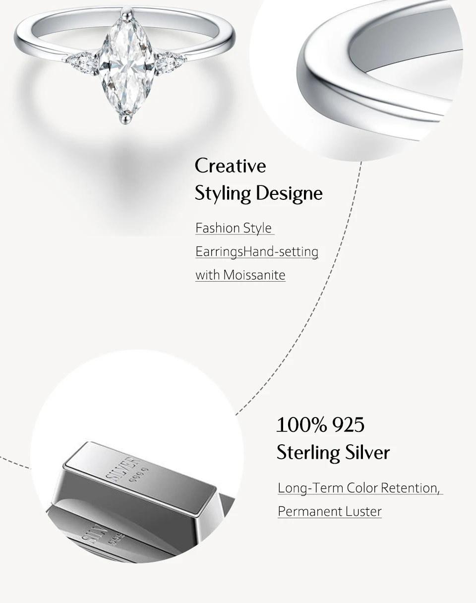 ATTAGEMS 2023 Marquise 1CT Moissanite Ring Real 925 Sterling Silver Rings for Women Men Anniversary Fine Jewelry Wedding Gift