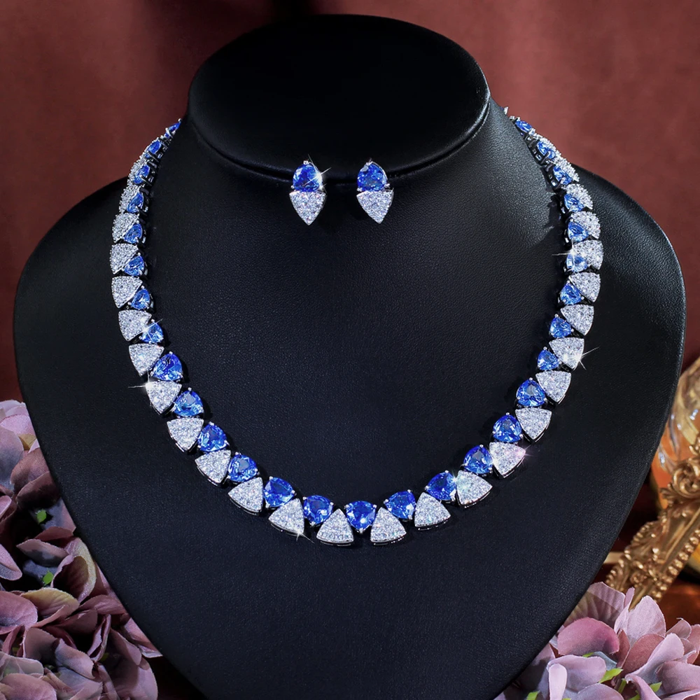 ThreeGraces Luxury Unique Shiny Synthetic Tanzanite and Zirconia Triangle Shape Bridal Wedding Party Jewelry Set for Women T1081