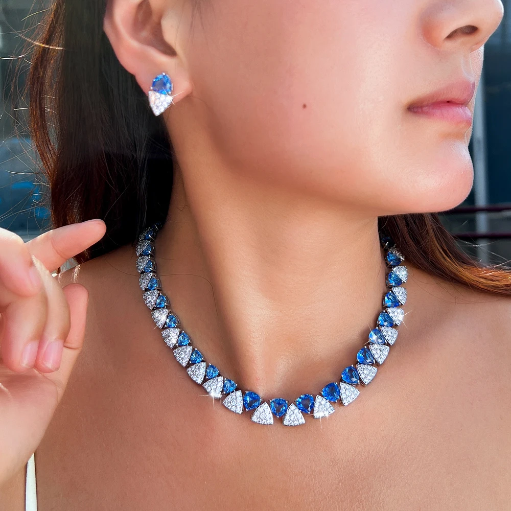 ThreeGraces Luxury Unique Shiny Synthetic Tanzanite and Zirconia Triangle Shape Bridal Wedding Party Jewelry Set for Women T1081