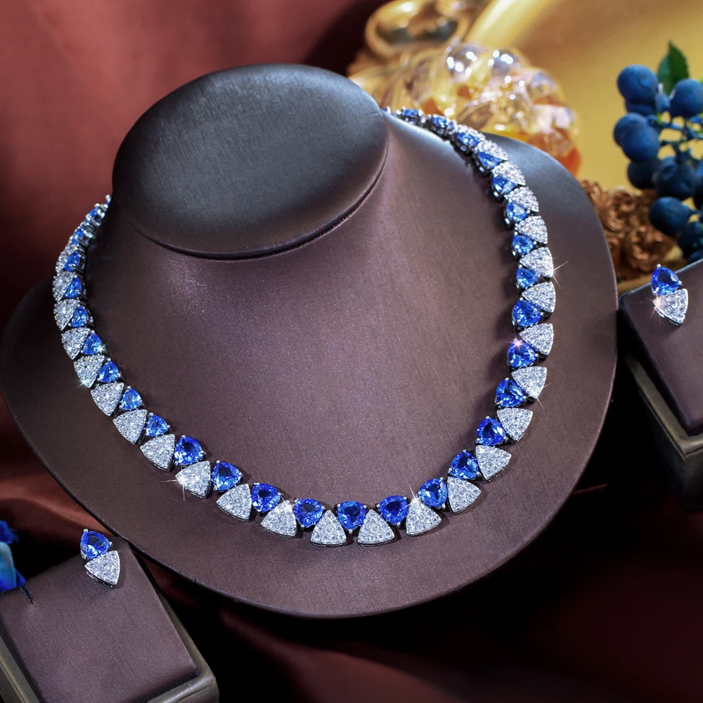 ThreeGraces Luxury Unique Shiny Synthetic Tanzanite and Zirconia Triangle Shape Bridal Wedding Party Jewelry Set for Women T1081