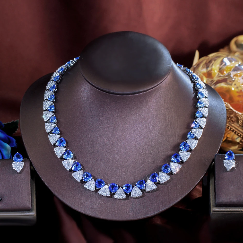 ThreeGraces Luxury Unique Shiny Synthetic Tanzanite and Zirconia Triangle Shape Bridal Wedding Party Jewelry Set for Women T1081