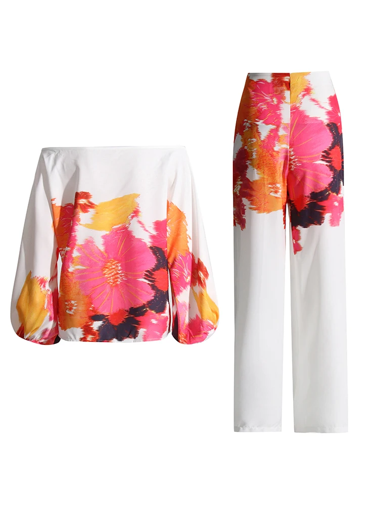 TWOTWINSTYLE Casual Printing Two Piece Sets For Women Slash Neck Lantern Sleeve Tops High Waist Pant Loose Set Female Fashion