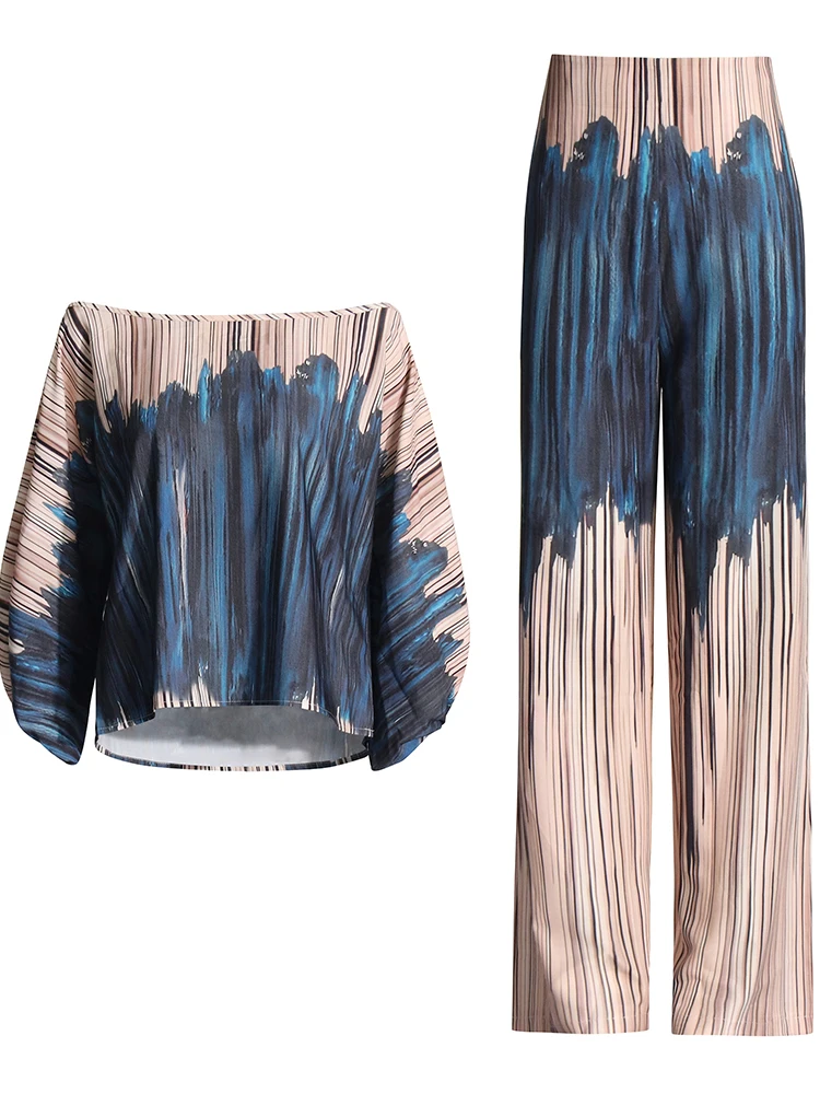 TWOTWINSTYLE Casual Printing Two Piece Sets For Women Slash Neck Lantern Sleeve Tops High Waist Pant Loose Set Female Fashion