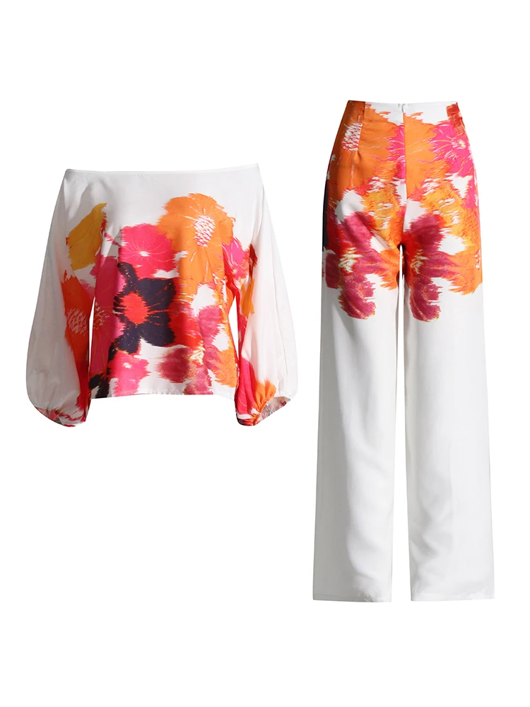 TWOTWINSTYLE Casual Printing Two Piece Sets For Women Slash Neck Lantern Sleeve Tops High Waist Pant Loose Set Female Fashion