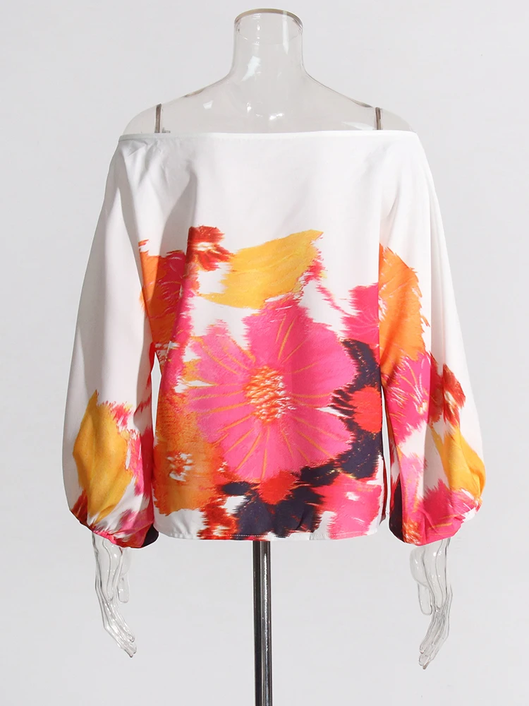TWOTWINSTYLE Casual Printing Two Piece Sets For Women Slash Neck Lantern Sleeve Tops High Waist Pant Loose Set Female Fashion