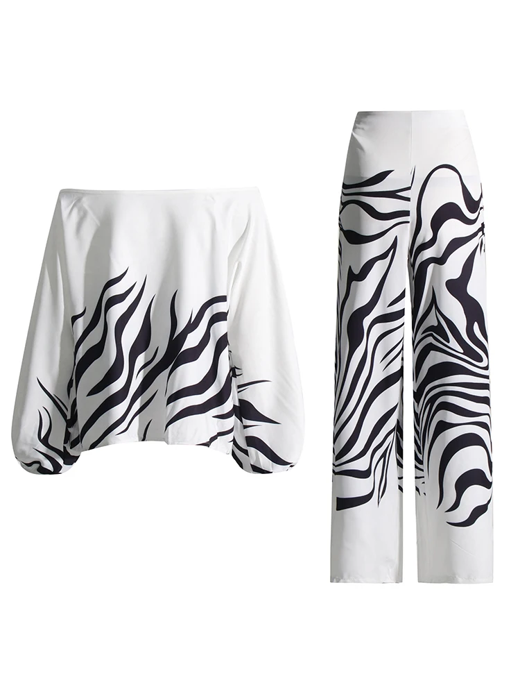 TWOTWINSTYLE Casual Printing Two Piece Sets For Women Slash Neck Lantern Sleeve Tops High Waist Pant Loose Set Female Fashion