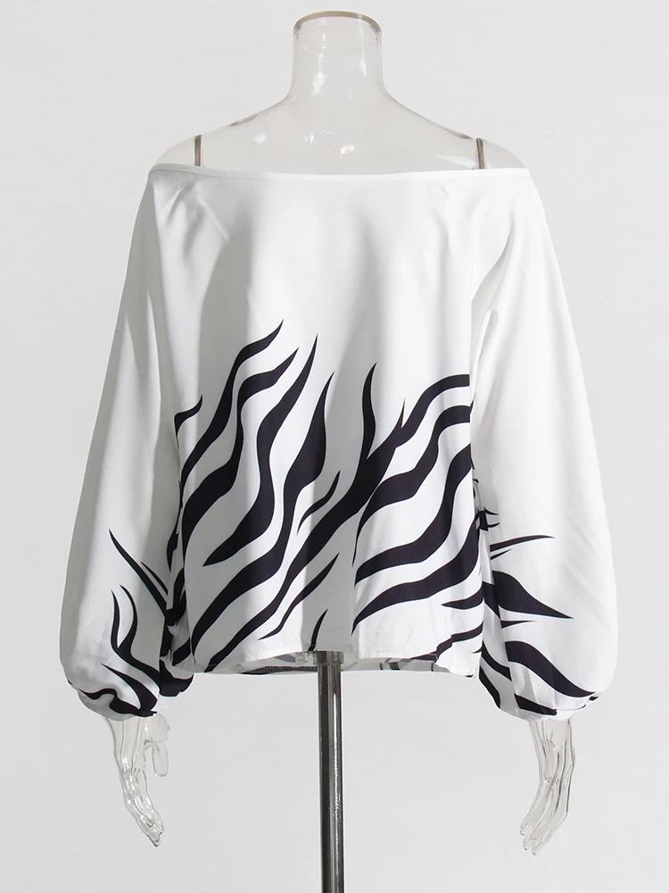 TWOTWINSTYLE Casual Printing Two Piece Sets For Women Slash Neck Lantern Sleeve Tops High Waist Pant Loose Set Female Fashion