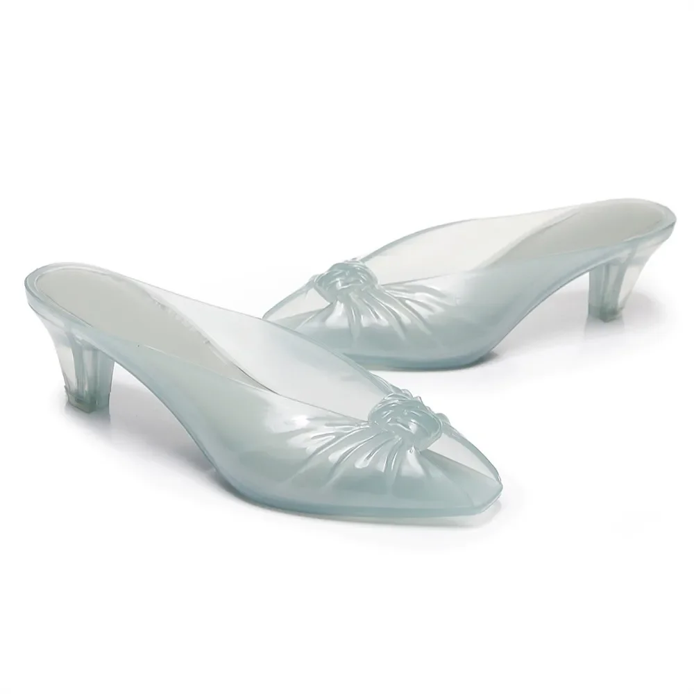 2026hot Women Smoky Gray Jelly Mules Knotted Front Peep Toe Transparent Clear Mid Heel Slip On Slides Casual Beach Party Sandals