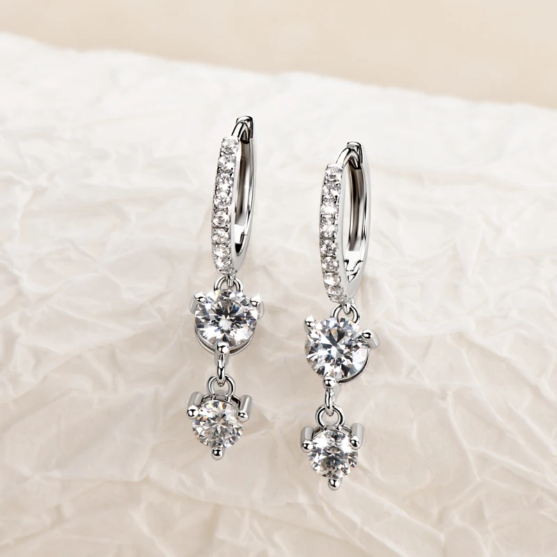 Anziw 4mm 5mm Round Moissanite Long Tassel Earrings 100% 925 Sterling Silver Women's Hoop Dangle Earrings Wedding Jewelry Gifts