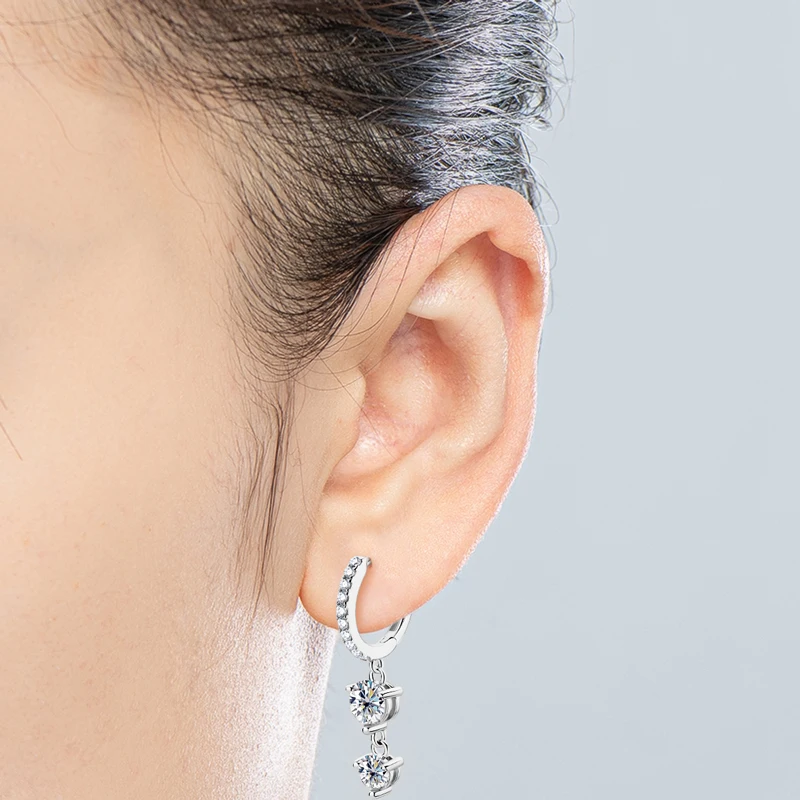 Anziw 4mm 5mm Round Moissanite Long Tassel Earrings 100% 925 Sterling Silver Women's Hoop Dangle Earrings Wedding Jewelry Gifts