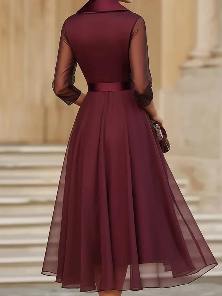 Spring Summer Mesh Patchwork Simple Maxi Dress Women V Neck Three Quarter Sleeve Chic Lace-Up Holiday Streetwear Dress Vestidos