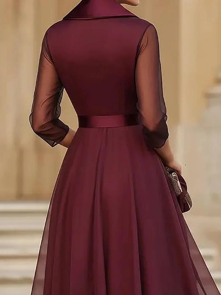 Spring Summer Mesh Patchwork Simple Maxi Dress Women V Neck Three Quarter Sleeve Chic Lace-Up Holiday Streetwear Dress Vestidos