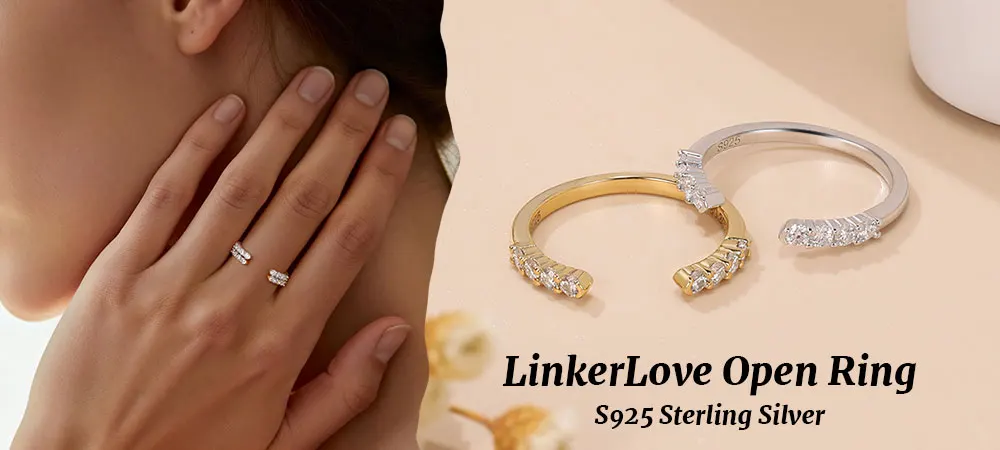 LinkerLove Moissanite Ring Open Wedding Band S925 Sterling Silver for Women 18K Gold Plated Diamond Ring Party Trendy Jewelry
