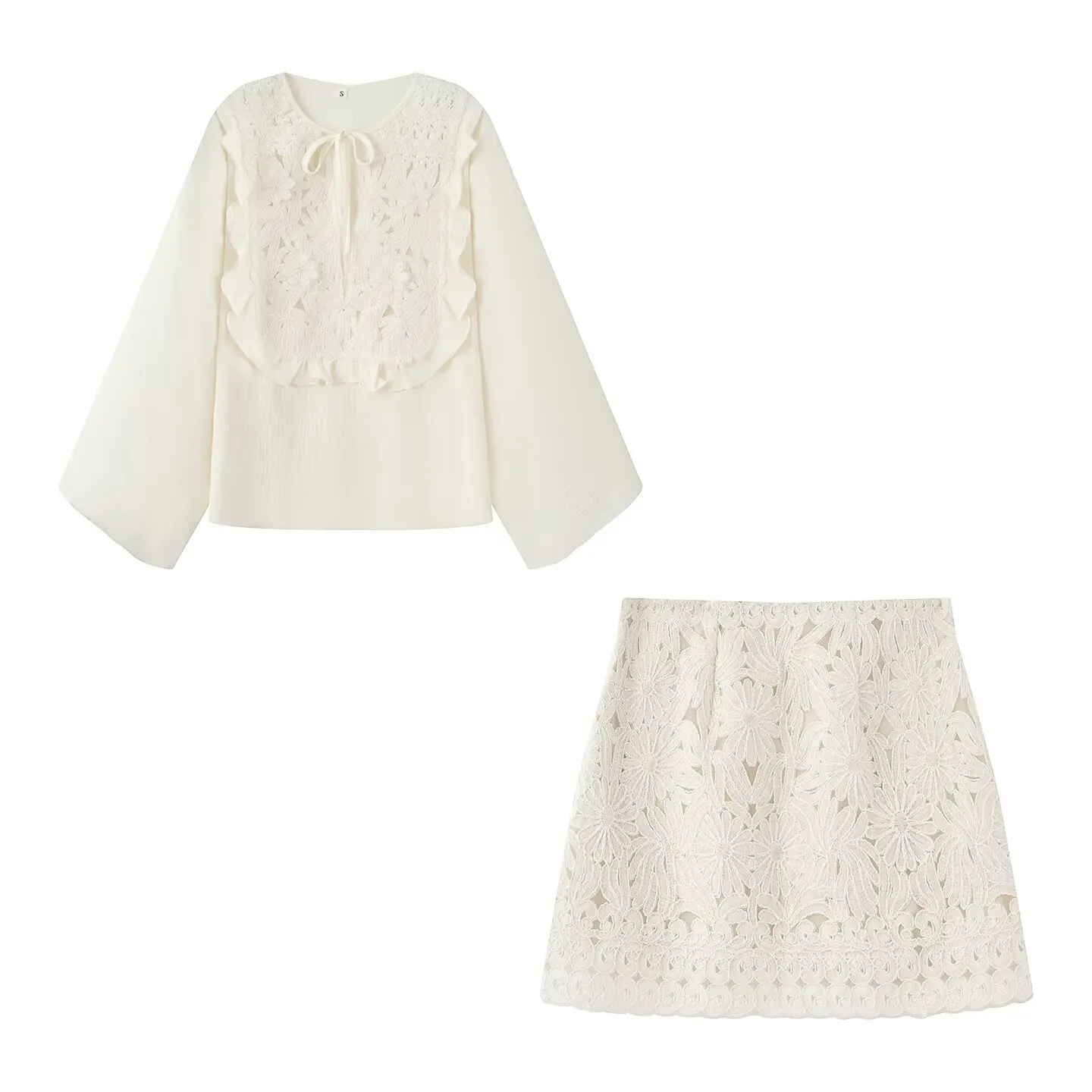 HH Female Summer Fashion Elegant Long Sleeve Lace Up Stitching Hollow Shirt+Temperament High Waist Mini A-line Skirt Suit