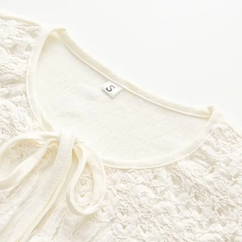 HH Female Summer Fashion Elegant Long Sleeve Lace Up Stitching Hollow Shirt+Temperament High Waist Mini A-line Skirt Suit
