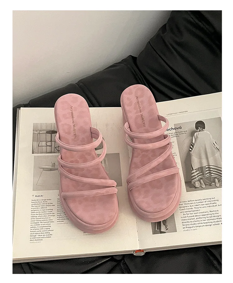 Summer Platform Heel Women Slippers Fashion Open Toe Narrow Band Slide Ladies Elegant Street Style Shoes Fashion Sandals Slides