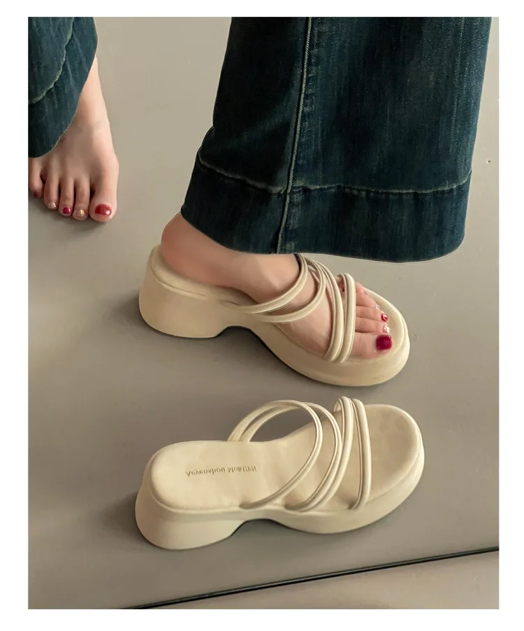 Summer Platform Heel Women Slippers Fashion Open Toe Narrow Band Slide Ladies Elegant Street Style Shoes Fashion Sandals Slides