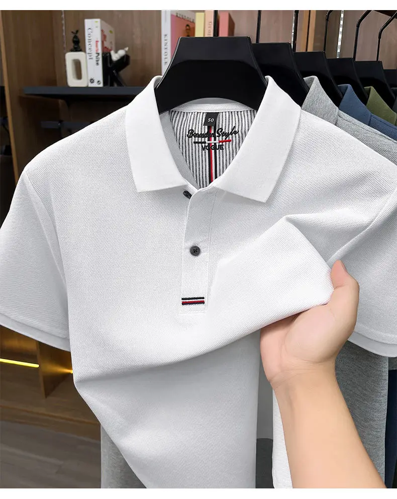 2026 Summer New Men's 100% Mercerized Cotton Short Sleeve Polo Shirt Premium Casual Business Breathable Tops with Striped Detail