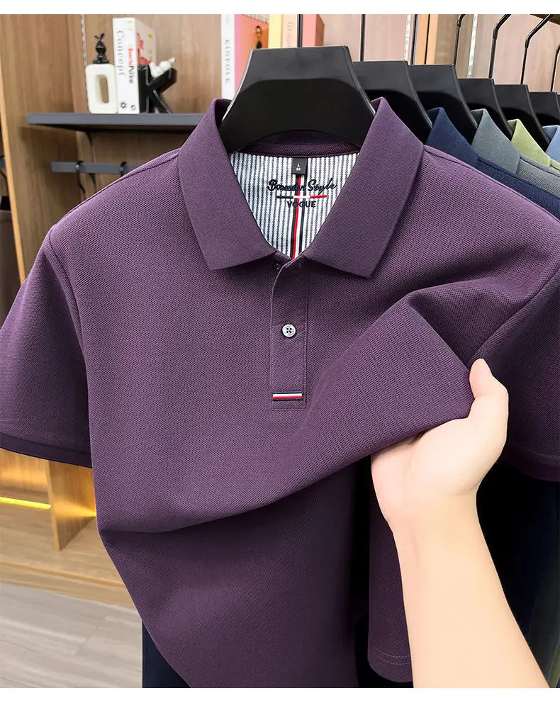 2026 Summer New Men's 100% Mercerized Cotton Short Sleeve Polo Shirt Premium Casual Business Breathable Tops with Striped Detail