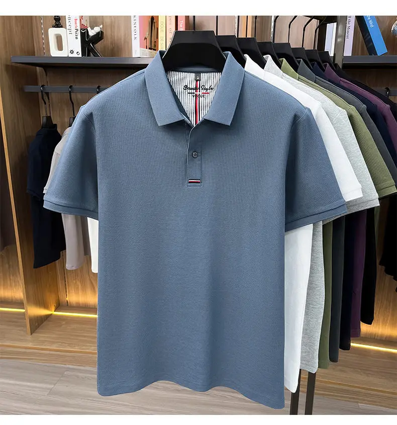 2026 Summer New Men's 100% Mercerized Cotton Short Sleeve Polo Shirt Premium Casual Business Breathable Tops with Striped Detail