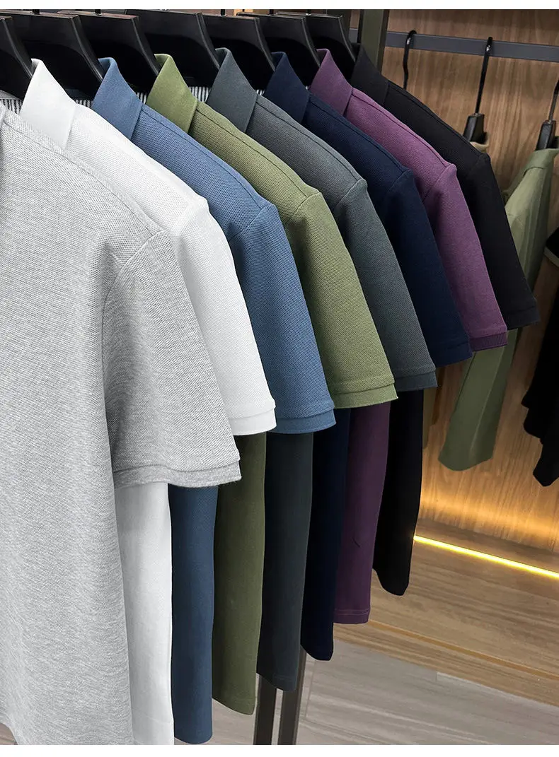 2026 Summer New Men's 100% Mercerized Cotton Short Sleeve Polo Shirt Premium Casual Business Breathable Tops with Striped Detail