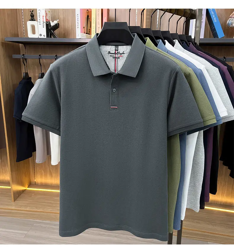 2026 Summer New Men's 100% Mercerized Cotton Short Sleeve Polo Shirt Premium Casual Business Breathable Tops with Striped Detail