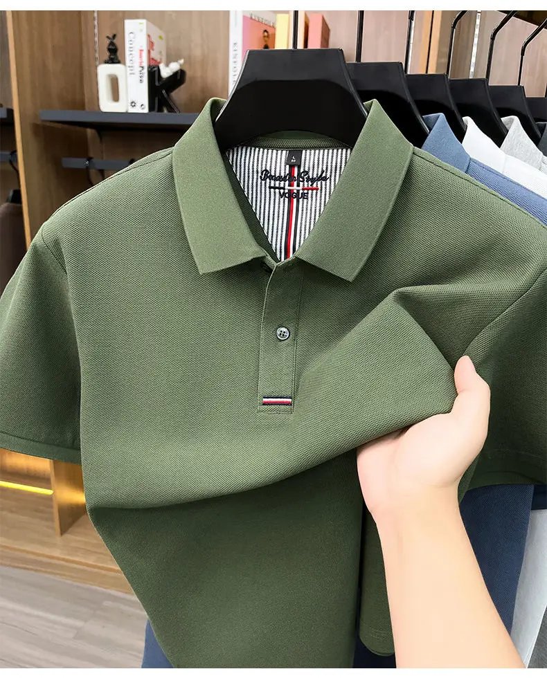 2026 Summer New Men's 100% Mercerized Cotton Short Sleeve Polo Shirt Premium Casual Business Breathable Tops with Striped Detail