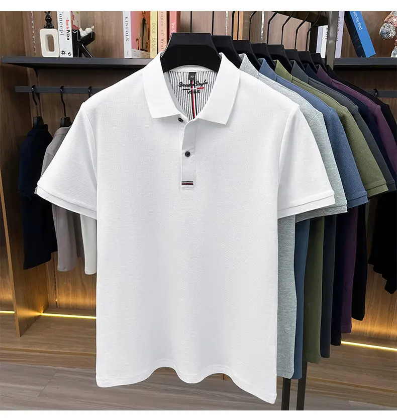 2026 Summer New Men's 100% Mercerized Cotton Short Sleeve Polo Shirt Premium Casual Business Breathable Tops with Striped Detail