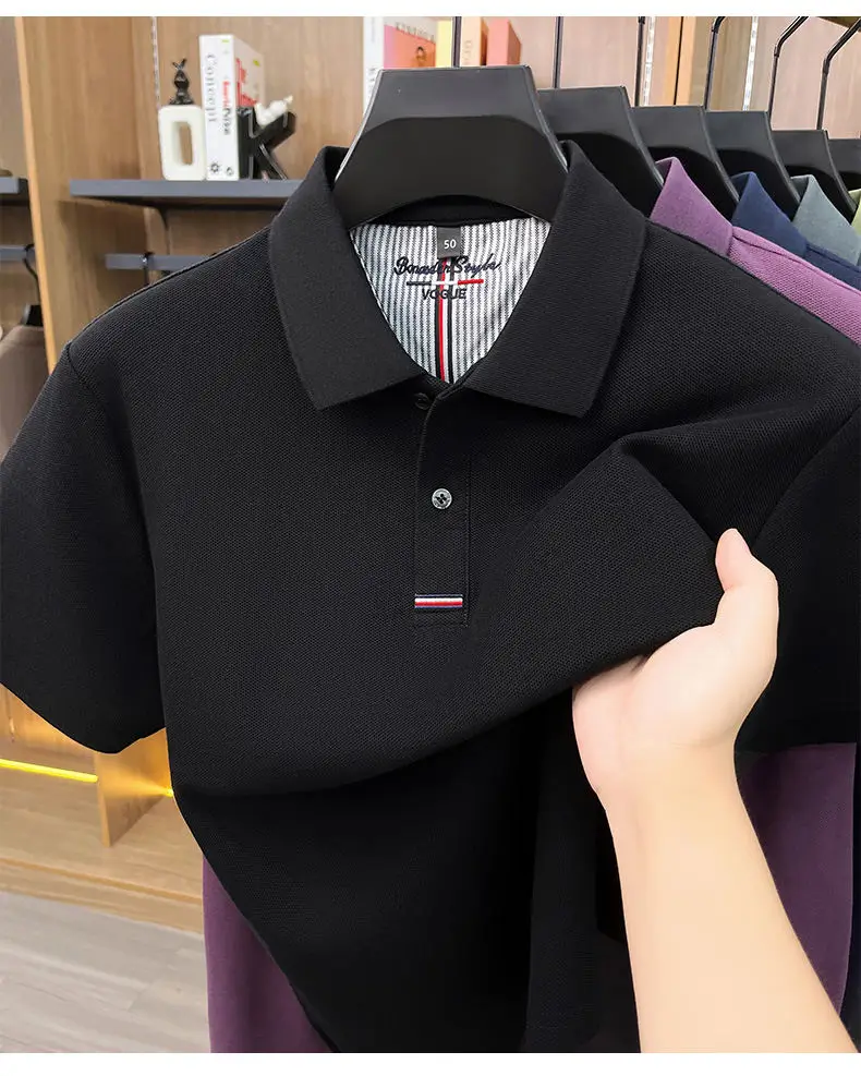 2026 Summer New Men's 100% Mercerized Cotton Short Sleeve Polo Shirt Premium Casual Business Breathable Tops with Striped Detail