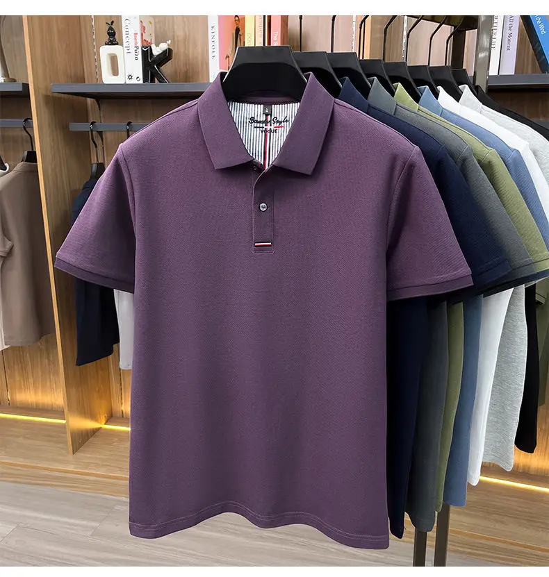 2026 Summer New Men's 100% Mercerized Cotton Short Sleeve Polo Shirt Premium Casual Business Breathable Tops with Striped Detail