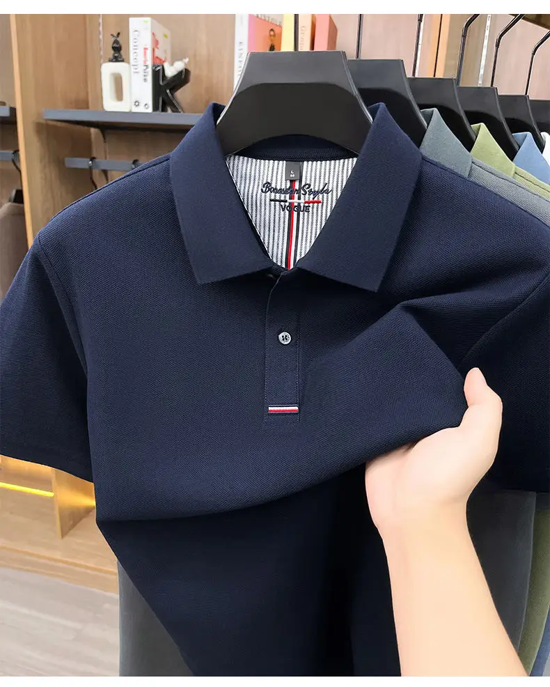2026 Summer New Men's 100% Mercerized Cotton Short Sleeve Polo Shirt Premium Casual Business Breathable Tops with Striped Detail