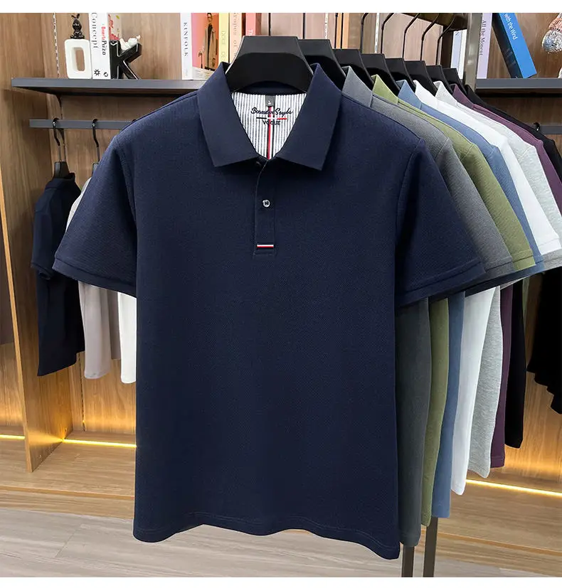 2026 Summer New Men's 100% Mercerized Cotton Short Sleeve Polo Shirt Premium Casual Business Breathable Tops with Striped Detail