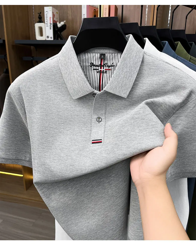 2026 Summer New Men's 100% Mercerized Cotton Short Sleeve Polo Shirt Premium Casual Business Breathable Tops with Striped Detail