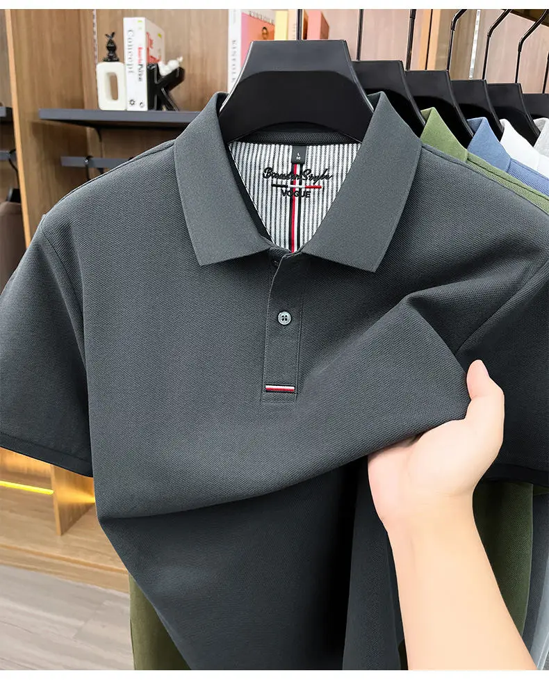 2026 Summer New Men's 100% Mercerized Cotton Short Sleeve Polo Shirt Premium Casual Business Breathable Tops with Striped Detail