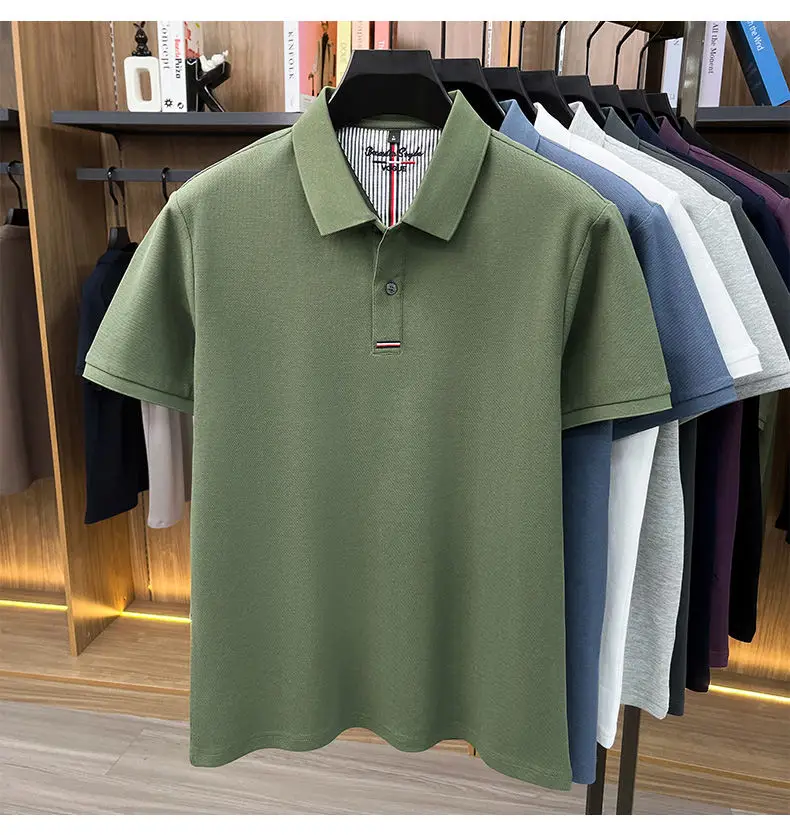 2026 Summer New Men's 100% Mercerized Cotton Short Sleeve Polo Shirt Premium Casual Business Breathable Tops with Striped Detail