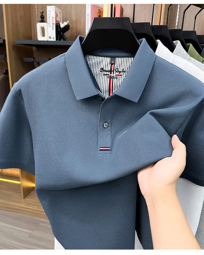 2026 Summer New Men's 100% Mercerized Cotton Short Sleeve Polo Shirt Premium Casual Business Breathable Tops with Striped Detail