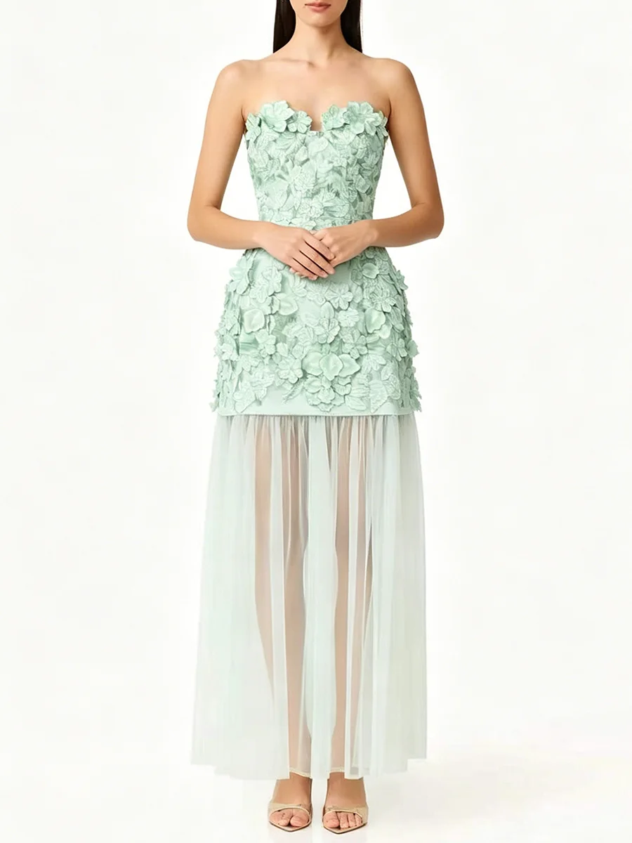 TWOTWINSTYLE Colorblock Slimming Spliced Hollow Out Dress for Women Strapless Sleeveless Patchwork Mesh Midi Dresses Female New