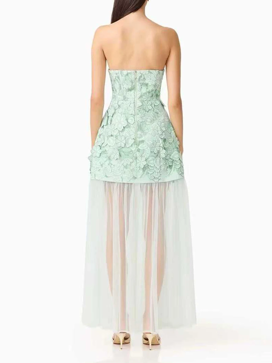 TWOTWINSTYLE Colorblock Slimming Spliced Hollow Out Dress for Women Strapless Sleeveless Patchwork Mesh Midi Dresses Female New